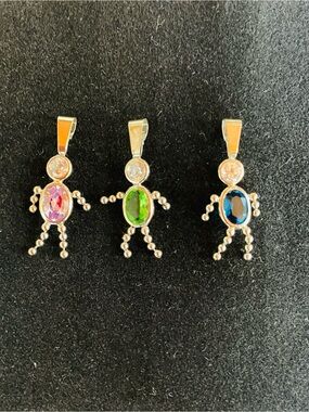 3 Set Bundle. 14K White Gold Gemstone Doll Pendants Pink, Green, and Blue.